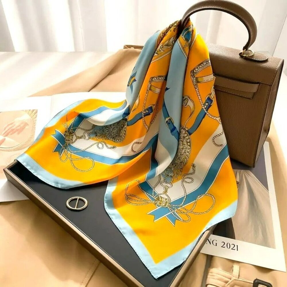 NWT - Elegant Orange-Blue Altar Print Square Scarf (SKU 0281)
